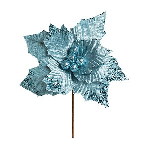 Flor Cabo Curto Poinsettia Azul 20cm - 01 unidade - Cromus Natal - Rizzo Embalagens