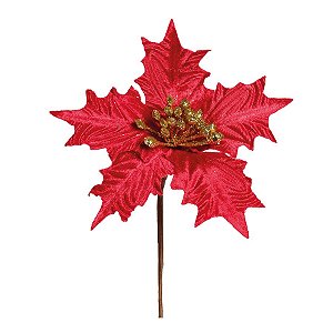 Flor Cabo Curto Poinsettia Vermelho Veludo Frutos Glitter 20cm - 01 unidade - Cromus Natal - Rizzo Embalagens