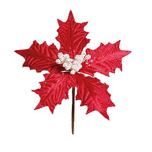 Flor Cabo Curto Poinsettia Vermelho Veludo Miolo Branco 20cm - 01 unidade - Cromus Natal - Rizzo Embalagens