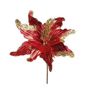 Flor Cabo Curto Poinsettia Vermelho Brilhante com Glitter Ouro 30cm - 01 unidade - Cromus Natal - Rizzo Embalagens