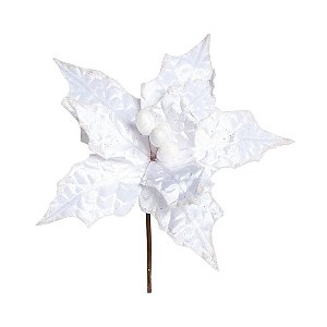 Flor Cabo Curto Poinsettia Branco 25cm - 01 unidade - Cromus Natal - Rizzo Embalagens
