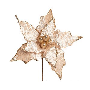 Flor Cabo Curto Poinsettia Nude Brilhante com Glitter 25cm - 01 unidade - Cromus Natal - Rizzo Embalagens