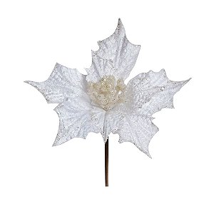 Flor Cabo Curto Poinsettia Branco com Glitter 15cm - 01 unidade - Cromus Natal - Rizzo Embalagens