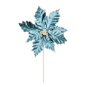 Flor Cabo Médio Poinsettia Azul com Glitter Ouro 45cm - 01 unidade - Cromus Natal - Rizzo Embalagens