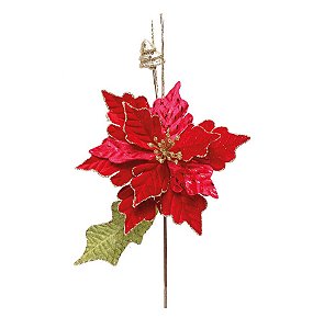 Flor Cabo Médio Poinsettia Vermelha com Folha Verde 42cm - 01 unidade - Cromus Natal - Rizzo Embalagens