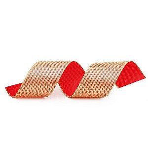 Fita Aramada Glitter Vermelho e Ouro 3,8cm x 9,14m - 01 unidade - Cromus Natal - Rizzo Embalagens