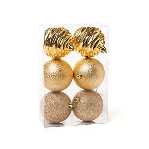 Kit Bola com Glitter Texturizadas Ondas Ouro 8cm - 06 unidades - Cromus Natal - Rizzo Embalagens