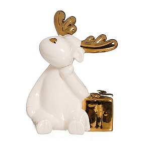 Rena Decorativa com Presente Ouro e Branco 10cm - 01 unidade - Cromus Natal - Rizzo Embalagens