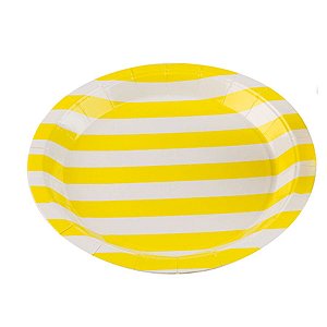 Prato Papel Biodegradável Listrado Amarelo - 10 un -  18 cm -Silver Festas