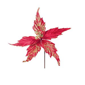 Flor Cabo Curto de Veludo Vermelho e Ouro 25cm - 01 unidade - Cromus Natal - Rizzo Embalagens