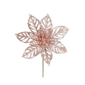 Flor Cabo Curto Folhas Vazadas Glitter Rose Gold 20cm - 01 unidade - Cromus Natal - Rizzo Embalagens