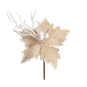 Flor Cabo Curto Natural E Branco 20cm - 01 unidade - Cromus Natal - Rizzo Embalagens