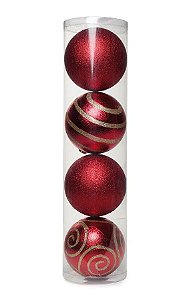 Bola com Arabesco Vermelho e Ouro 15cm - 04 unidades - Cromus Natal - Rizzo Embalagens