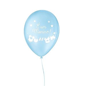 Balão de Festa Decorado Chá de Bebê - Azul Baby e Branco 9" 23cm - 25 Unidades - São Roque - Rizzo Balões