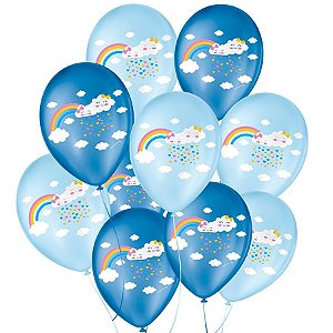 Balão de Festa Decorado Chuva de Amor - Azul 9" 23cm - 25 Unidades - Balões São Roque
