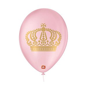 Balão de Festa Decorado Coroa - Rosa Baby e Dourado 9" 23cm - 25 Unidades - São Roque - Rizzo Balões