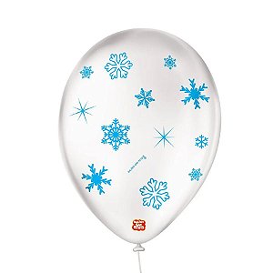 Balão de Festa Decorado Floco de Neve - Transparente e Azul 9" 23cm - 25 Unidades - São Roque - Rizzo Balões