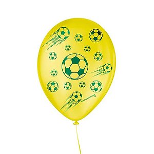 Balão de Festa Decorado Futebol - Amarelo e Verde 9" 23cm - 25 Unidades - São Roque - Rizzo Balões