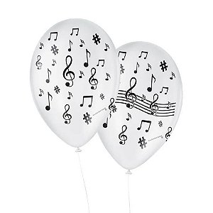 Balão de Festa Decorado Notas Musicais - Branco e Preto 9" 23cm - 25 Unidades - São Roque - Rizzo Balões
