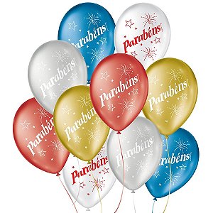 Balão de Festa Decorado Parabéns - Sortido Cintilante 9" 23cm - 25 Unidades - São Roque - Rizzo Balões