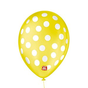 Balão de Festa Decorado Poá Bolinha - Amarelo e Branco 9" 23cm - 25 Unidades - São Roque - Rizzo Balões