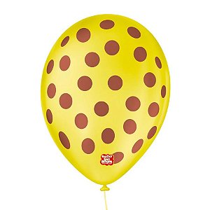 Balão de Festa Decorado Poá Bolinha - Amarelo e Marrom 9" 23cm - 25 Unidades - São Roque - Rizzo Balões