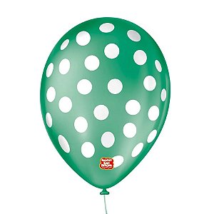 Balão de Festa Decorado Poá Bolinha - Verde Folha e Branco 9" 23cm - 25 Unidades - São Roque - Rizzo Balões