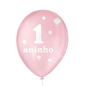 Balão de Festa Decorado 1 Aninho - Rosa e Branco - São Roque - Rizzo Balões