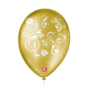 Balão de Festa Decorado Arabesco - Dourado e Branco - São Roque - Rizzo Balões