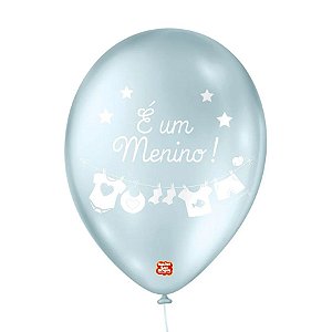 Balão de Festa Decorado É um Menino - Azul Perolado e Branco 5" - 15 Unidades - São Roque - Rizzo Balões