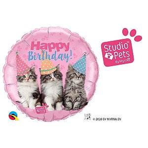 Balão de Festa Microfoil 18" 45cm - Happy Birthday Gatinho - 01 Unidade - Qualatex - Rizzo Embalagens