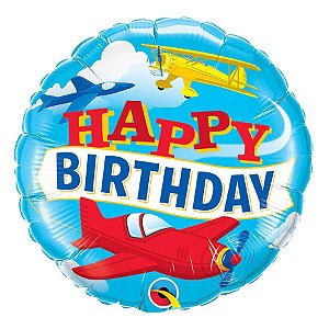 Balão de Festa Microfoil 18" 45cm - Happy Birthday Aviões - 01 Unidade - Qualatex - Rizzo Embalagens