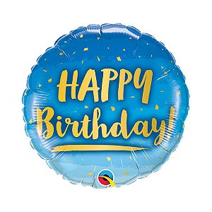 Balão de Festa Microfoil 18" 45cm - Happy Birthday Azul e Dourado - 01 Unidade - Qualatex - Rizzo Embalagens