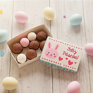Caixa Divertida Feliz Páscoa Coelinho Rosa Ref. 335 - 6 doces com 10 un. Erika Melkot Rizzo Confeitaria