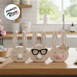 Carinha de Coelhos em Madeira Natural Rosa - 23x12x2cm - Cromus Páscoa