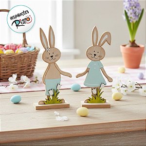 Coelhos Decorativos em Madeira Natural Roupa Azul - 30x10x5cm - Cromus Páscoa - Rizzo Embalagens