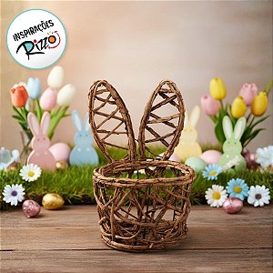 Cesta Coelho Decorativa em Madeira Marrom G 29x18x13 cm - 01 unidade - Cromus Páscoa