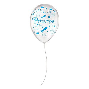 Balão de Festa Decorado Principe Cristal com Azul - 9" 23cm - 25 Unidades - São Roque - Rizzo Embalagens