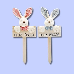 Plaquinha em Madeira Coelho Xadrez - 23x9,5cm - Cromus Páscoa - Rizzo Embalagens