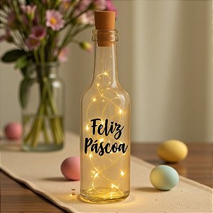 Garrafa Long Neck de Vidro com Rolha LED - Feliz Páscoa - 01 unidade - Rizzo Embalagens