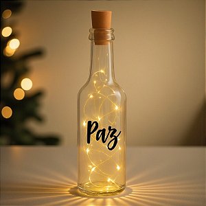 Garrafa Long Neck de Vidro com Rolha LED - Paz - 01 unidade - Rizzo Embalagens