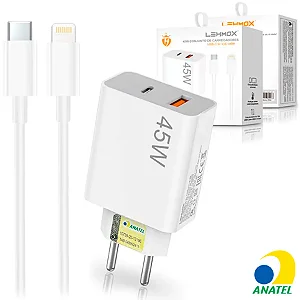 Carregador de Celular Turbo 45W PD USB com Cabo Lightning 1M Lehmox