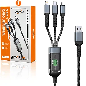 Cabo Carregador 3 em 1 Type-C V8 Lightning 20W 1.2 Metros