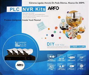 KIT NVR PLC ARFO AR-2004A SMART DIY (INSTALE VOCE MESMO), 9 Canais (4 Canais PLC/Ip cabo + 5 Ip cabo), Com 2 Câmeras PLC S200P, POWER LINE CONECTION