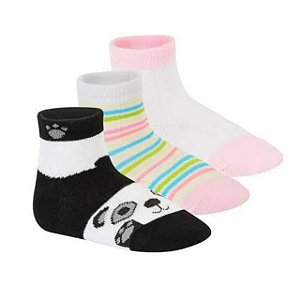 Meia Molekinha Cano Médio Panda- Preto/ Colorida/ Branco Rosa Kit 3 Pares