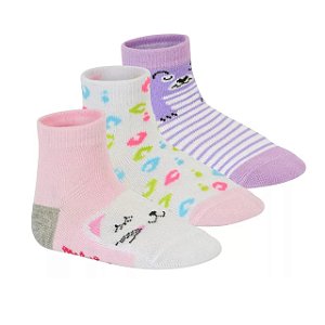Meia Molekinha Cano Médio- Violeta/Rosa/ Branco Colorido Kit 3 Pares