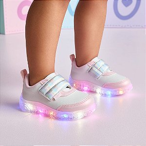 Tênis Infantil Menina Pampili Led Liz Luz- Branco/ Rosa Suspiro