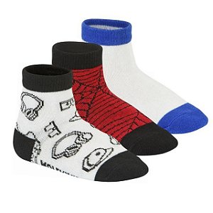 Meia Infantil Menino Molekinho Cano Médio- Branco/ Vermelho/ Branco Azul Kit 3 Pares