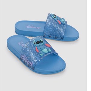 Chinelo Infantil Slide Disney Mania Stitch- Azul/Azul Glitter