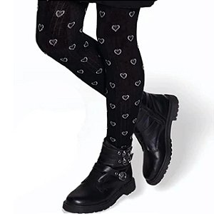Meia Calça Infantil Menina Selene Algodão Fio 80 Coração- Preto